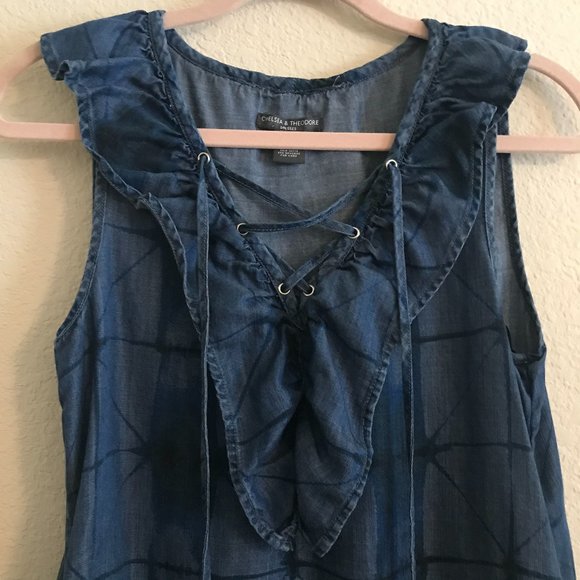 Chelsea Theodore Chambray Ruffle Sleeveless Dress - Picture 4 of 6